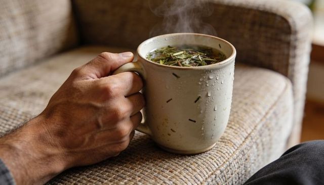 Holding steaming herbal tea in ceramic mug on woven sofa armrest cozy morning moment