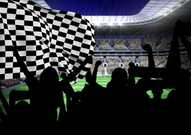 Silhouette of enthusiastic fans holding a checker flag and cheering in a packed stadium. Ideal for use in sports-related promotions, advertisements, and articles highlighting fan culture, team spirit, and the excitement of live events.