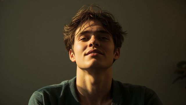 Confident young man posing in dramatic moody light wearing dark green knit sweater headshot