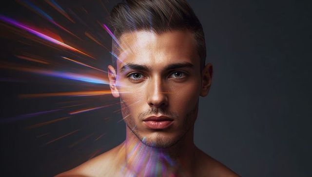Neon light streak portrait of shirtless young man with dramatic jawline and lens flare