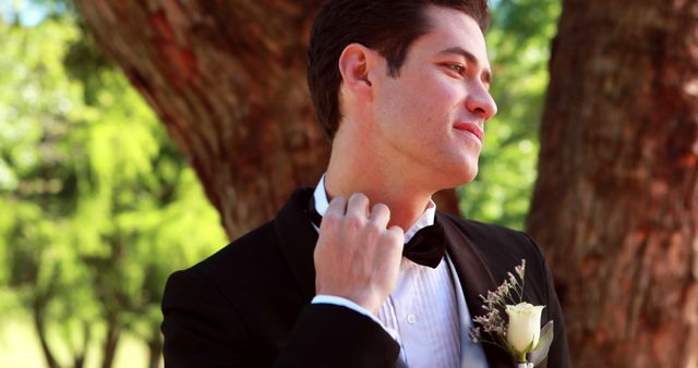 Groom Adjusting Tie in Outdoor Wedding Setting - Download Free Stock Images Pikwizard.com