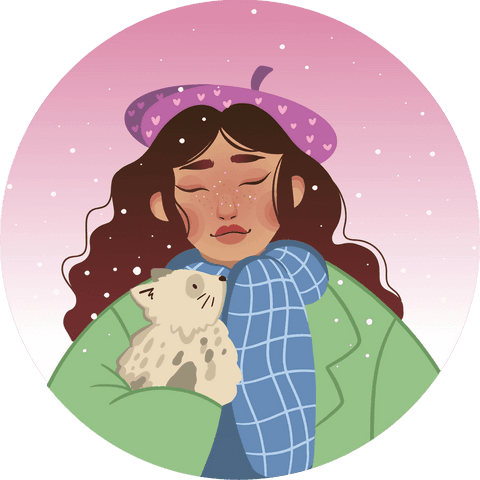 Cozy winter woman with cat wearing heart beret and scarf