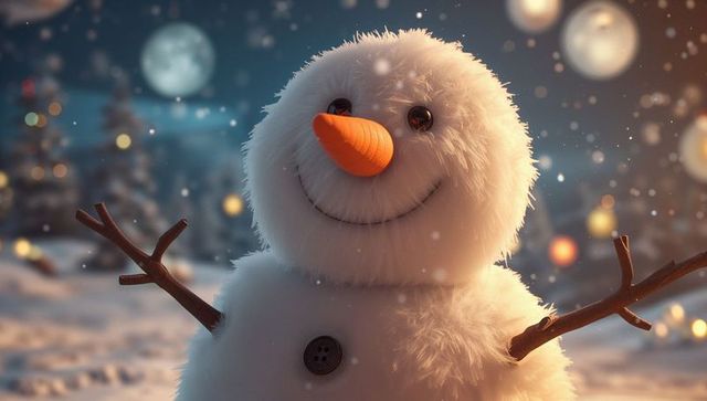 Fluffy Snowman with Carrot Nose Amid Enchanting Winter Wonderland