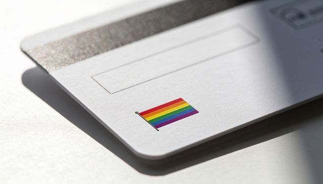 White id card featuring magnetic stripe and rainbow pride flag sticker casting soft shadow
