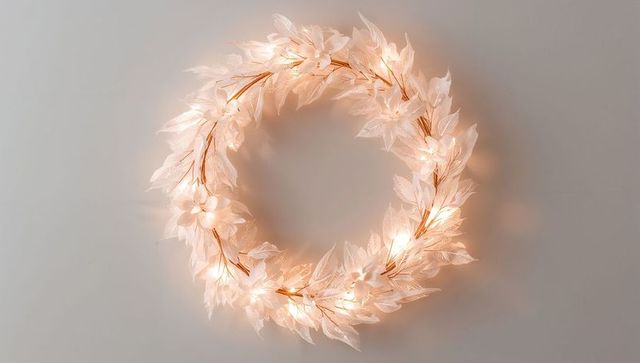 Glowing frosted floral wreath with warm led lights hanging on gray wall