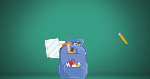 Colorful School Supplies Near Bookbag on Blank Greenboard