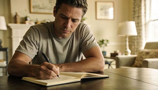 Middle-aged man writing in journal at home, gray tee, warm living room, natural daylight
