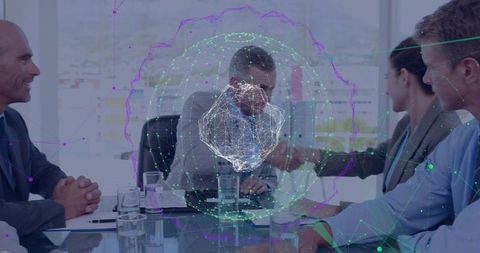 Executive team presenting digital hologram visualization over glass table during deal