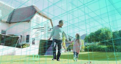 Father Walking With Briefcase Holding Daughter Hand in Suburban Garden With AR Data Grid