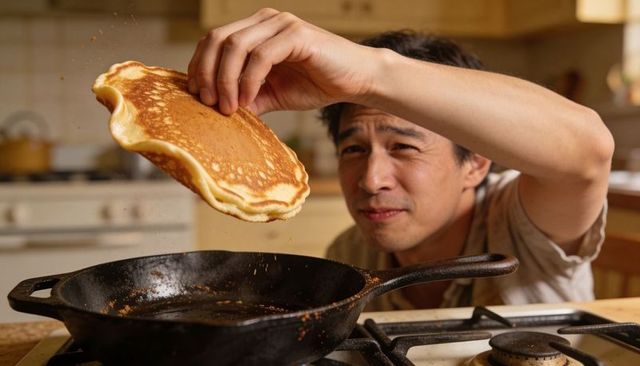 Asian man inspecting pancake over cast-iron skillet in cozy kitchen morning