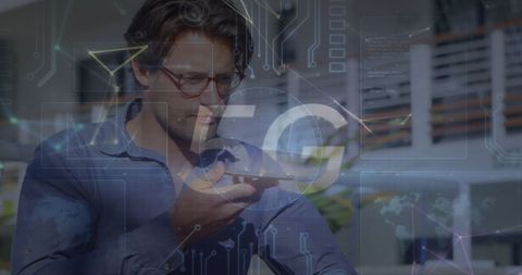 Man Using Smartphone with 5G Technology Overlay