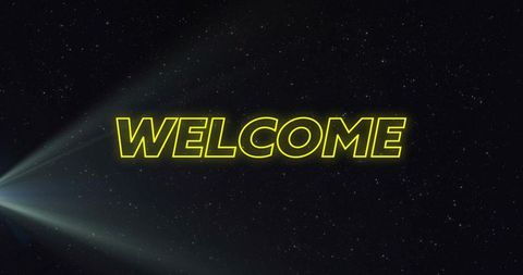 Neon yellow welcome text projecting across starfield with cinematic light beam