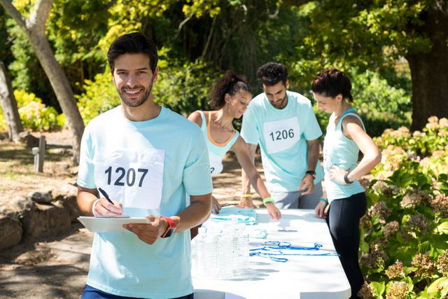 Athletes with race numbers registering for a marathon in a park. Perfect for use in content related to sports events, health and fitness, community activities, outdoor events, and teamwork. Can be used to emphasize registration processes and preparation before a race.