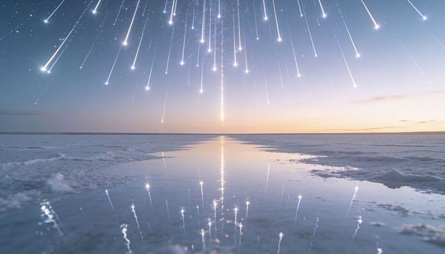 Meteor shower reflecting on glassy salt flat at dawn with starlit light trails