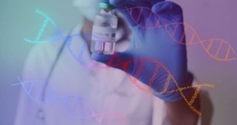 Clinician holding vial with dna helix overlay for vaccine and biotech research