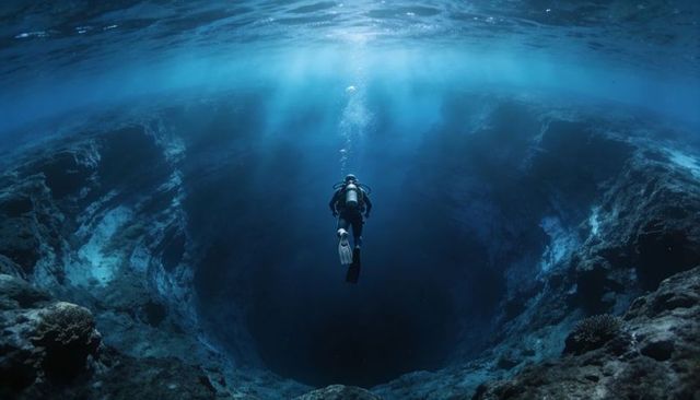 Scuba Diver Descending Into Blue Hole Abyss Over Coral Reef With Sunbeams