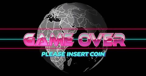 Retro game over screen with neon elements and earth illustration