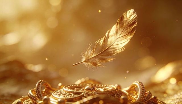 Floating golden feather above ornate filigree medallion with warm bokeh and glittering highlights
