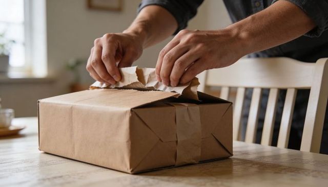 Hands tearing kraft-wrapped parcel on wooden dining table in soft natural light