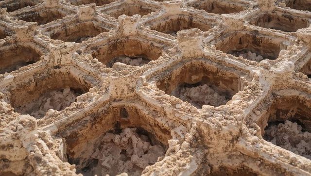 Sunlit hexagonal salt pans with crusted mineral rims and shallow evaporative basins