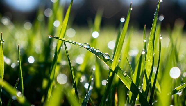 Dew-dotted grass blade catching morning light with sparkling bokeh and water droplets