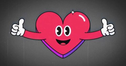 Smiling thumbs-up heart mascot retro cartoon illustration for valentine cards and branding