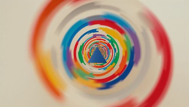 Colorful geometric spiral with central dark blue triangle