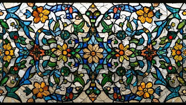 Vibrant stained glass art with intricate floral design