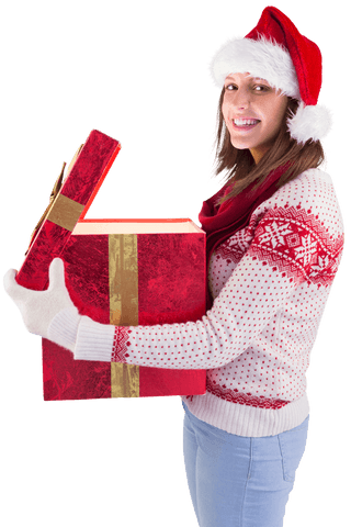 Young Woman Opening Christmas Present with Joy Transparent Background
