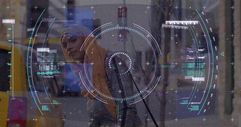 Digital Interface Overlay with Financial Data on City Street Background