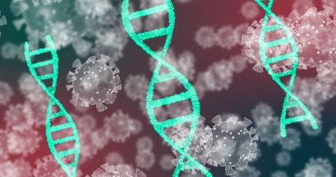 DNA Helixes Interweaving with Virus Cells on Dark Background