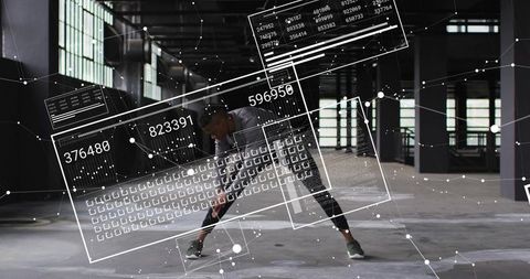 Industrial fitness ar overlay: man stretching and lunging with hud data and grid graphics