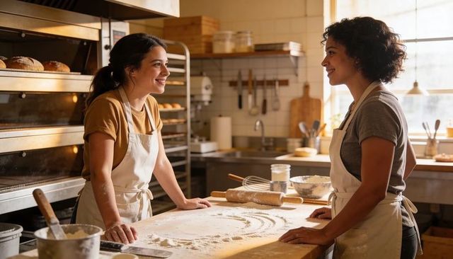 Bakers collaborating over floured bench, preparing dough and pastries in sunlit bakery