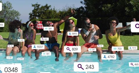 Group of friends by pool sharing social media reactions and selfie notifications, summer lifestyle