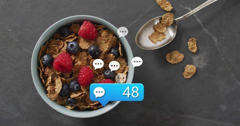 Featuring bran flakes breakfast bowl with raspberries and blueberries plus social notification 48