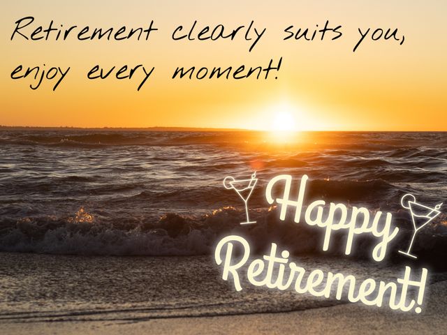 Perfect for sending retirement wishes to loved ones, congratulating retirees, or using in greeting cards and social media posts for celebrating retirement. The serene sea sunset backdrop invokes peace and a happy new beginning.