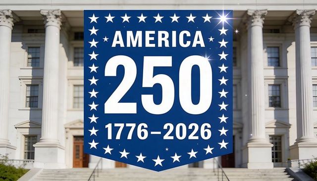 America 250 centennial banner displaying over neoclassical civic steps with grand columns