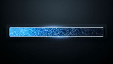 Glowing cyan-blue progress bar emitting digital particles for futuristic UI loading indicator