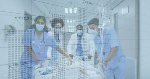 Multicultural Medical Team Transporting Patient on Gurney in Hospital Corridor Analytics Overlay