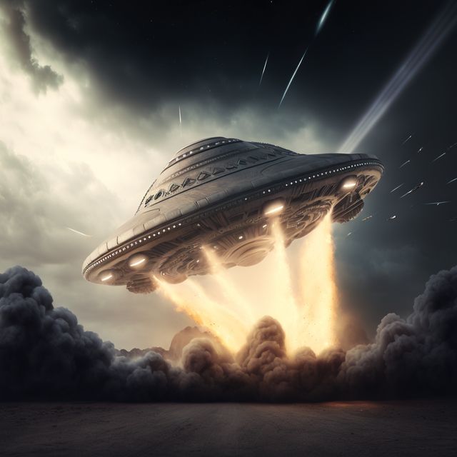 Spaceship taking off over grey sky and cloud background, created using generative ai technology. Space travel and alien concept digitally generated image.