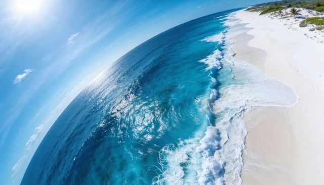 Aerial turquoise ocean breaking into white surf along remote palm-lined sandy beach