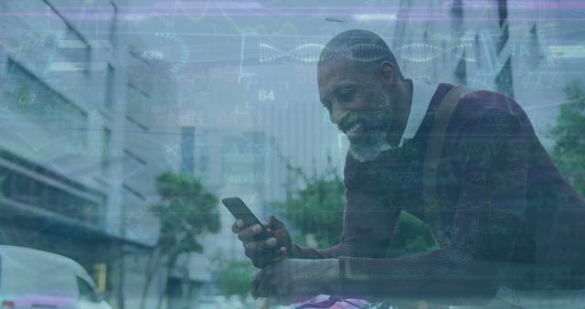 Smiling African American Man Using Smartphone Outdoors with Digital Overlay - Download Free Stock Images Pikwizard.com