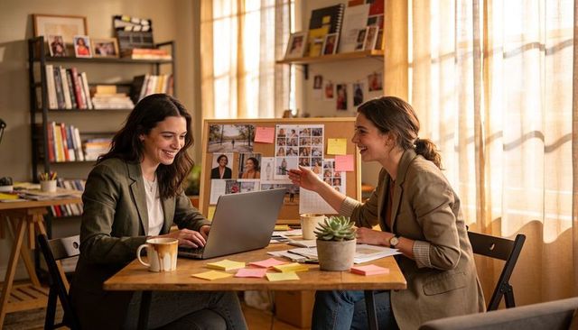 Two women collaborating on branding moodboard and laptop, planning marketing strategy