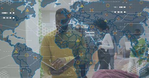 Using tablet with global data visualization overlay for teamwork in open-plan office