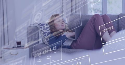 Woman Relaxing on Sofa While Data Visualizations Overlay - Download Free Stock Images Pikwizard.com
