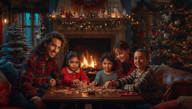 Family Enjoys Cozy Puzzle Evening by Warm Christmas Firelight
