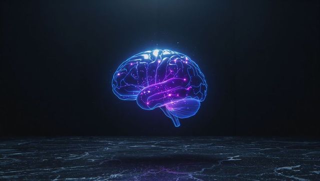 Floating Neon Holographic Brain in Dark Futuristic Setting