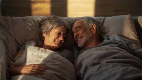 Senior Couple Waking Up Smiling Under Quilted Duvet in Warm Morning Light