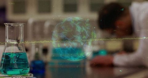 Holographic globe visualizing data over lab bench with scientist analyzing chemical sample