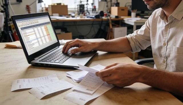 Man sorting receipts and updating laptop spreadsheet for small business bookkeeping